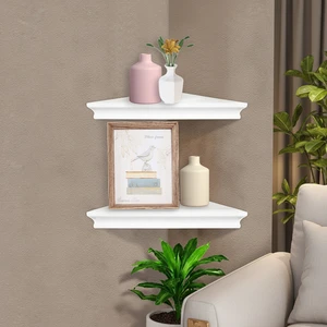 Modern Office Corner Wall Shelf Double Tier Solid Wood Floating Shelves Wall Mounted Multifunction Storage Rack