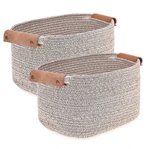 Nordic Cotton Rope Woven Square Storage Basket with Leather Handles Cross-Border Household Fabric Basket