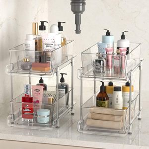 CF 2 Tier Clear Plastic Under Sink Pull Out Countertop Organizer Kitchen Pantry Medicine Cabinet Bathroom Storage With Dividers