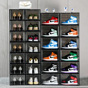 Fashionable Magnetic Foldable Shoe Storage Box clear Display Acrylic Plastic Side Open Shoe Box