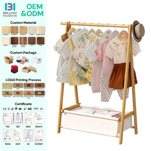 BH Foldable Garment Holder Coat Rack Freestanding Coat Stand Child Clothing Stand Bamboo Clothes Rack with Storage Box