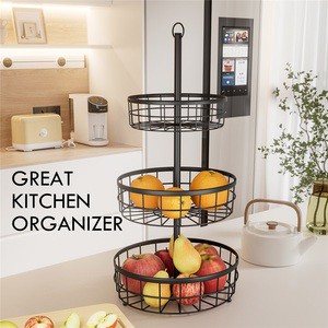 Classic Kitchen Round Iron Portable Fruit Basket With Shelf Storage