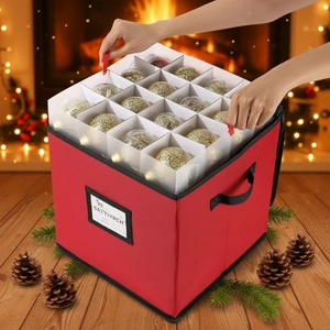 600D Oxford Fabric Christmas Ornament Storage Box with Dividers & PP Plastic Tray, 64 Ball Xmas Decor Storage Container Bin