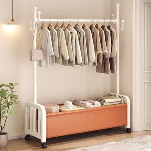 Modern Iron Coat Rack 4 Hooks Detachable Storage Basket Customizable Movable Space Saving Hotel Living Room