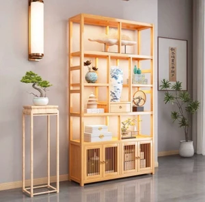 Solid Wood Single-Tier Grid Shelf Wall-Mounted Storage Rack Decorative Display Cabinet for Tea Pots Rack Holders for Living Room