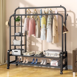 Multifunctional Movable Metal Coat Rack Double-Rod Garment Rack Storage Shelves Rust-Proof for Bedroom Living Room Shoe Storage