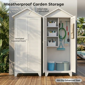 White Steel Outdoor Storage Cabinet With Louvered Double Door Shelves Garden Tool Organizer Weatherproof Patio Shed