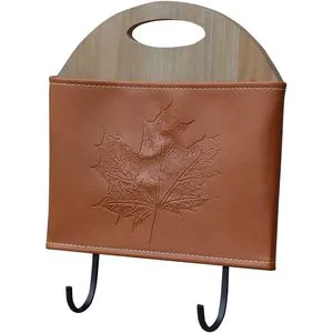 PARISLOFT Natural Wood and PU Wall Organizer with 2 Metal Hooks,9.5 x 1.75 x 11.4 inches, Brown