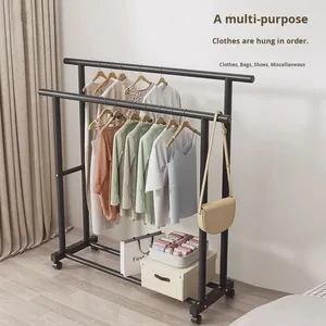 Large Capacity Custom Modern Simple Movable Double Rod Iron Coat Rack Storage Organizer Shelves Living Room Clothing Rack