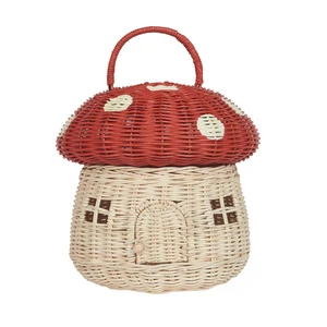 Wholesale Nordic Red Mushroom Shaped Wicker Rattan Woven Storage Basket Lid Handmade Kitchen Nursery Decor Kids Toy Organizer