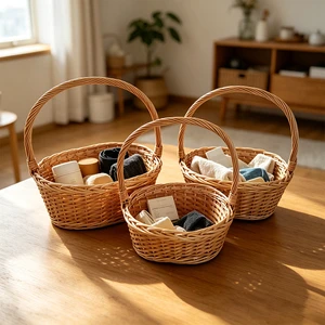 Round Woven Storage Basket With Reinforced Rim Perfect for Vegetable Harvesting Craft Supply Organization
