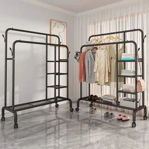Free Standing Coat Stand Indoor Outdoor Cloth Storage Rack Garment Racks Double Pole Clothing and Shoe Rack