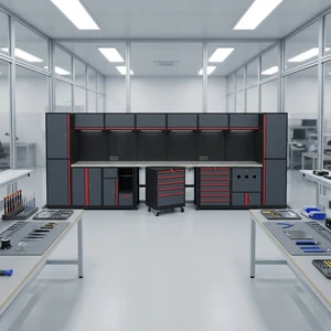 Industrial Tool Cabinet Garage Storage System for Clean Workshop with Modular Workbench and Drawer Setup