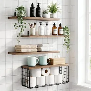 Multi-Layer Wooden Floating Wall Shelf Bathroom Towel Toilet Paper Storage Rack with Metal Wire Basket Farmhouse Decor