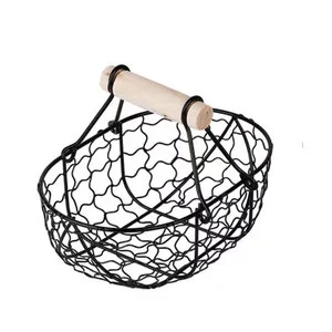 Factory Wholesale Metal Wire Basket with Wood Handle Vegetable Fruit Snack Storage Basket Iron Wire Egg Basket for Home