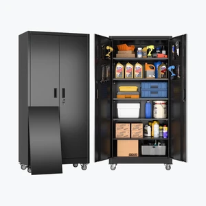 Wholesale Double Door Adjustable Shelves Lockable Steel Garage Storage Cabinet with Wheels