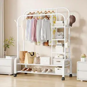 Stable Movable Metal Coat Rack Stand Multifunctional 130cm Double-Rod Clothes Storage Shelves High Clothing Organizer