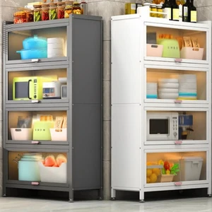Kitchen Appliance Storage Cabinet Multi-level Pantry Shelf Dust-proof Organizer with Stainless Steel Frame Pots Pans Utensils