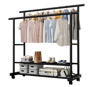 Large Capacity Movable Double Rod Metal Coat Rack Organizer Bedroom/Balcony Storage Shelves for Clothes & Shoes