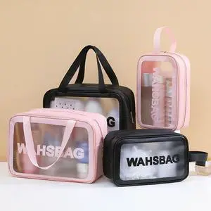 Custom Waterproof PVC Plastic Bathroom Toiletry Bag Transparent Travel Wash Bag Portable Handheld Cosmetic Makeup Storage Pouch