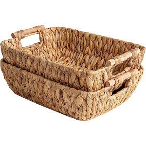 Handwoven Water Hyacinth Storage Basket Rectangle Wicker Organizer with Wooden Handles for Bathroom Bedroom Living Room