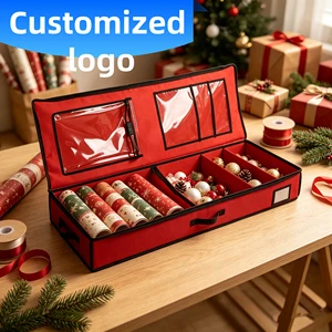 Christmas Wrapping Paper Storage Box, Red & Black Fabric Holiday Organizer with Dividers & Clear Lid Pockets