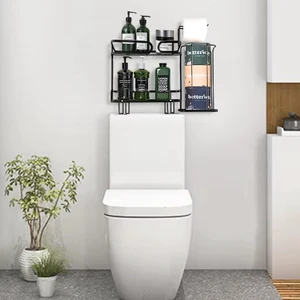 Modern Heavy Duty No Drill Toilet Tank Organizer Black Metal Double Tier Bathroom Storage Racks Shelf
