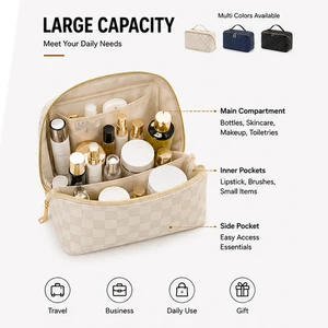 High Quality PU Leather Luxury Checkered Skin Beautycase Custom Logo Portable Waterproof Zipper Travel Cosmetic Pouch Makeup Bag
