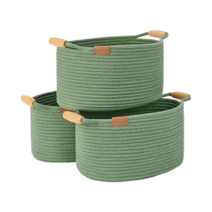 StorageWorks Green Woven Basket with 13-Inch Cotton Rope Wooden Handles Decorative Storage Basket-3-Pack for Cooling Use