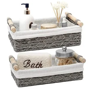 CF 2 Piece Handwoven Paper Rope Storage Basket Set Removable White Fabric Liner Rectangular Woven Organizer Bin For Bathroom