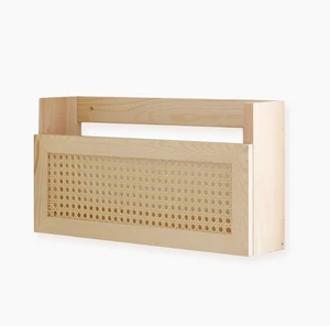 Natural Wood Wall Shelf with Rattan Design, Space - Saving Wall - Mounted Storage Rack for Home & Office Decor