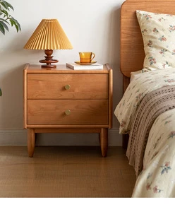 Modern Japanese Minimalist Style Luxury Solid Oak Wood Nightstand Storage Side Table Custom Cherry Wood 2 Drawers