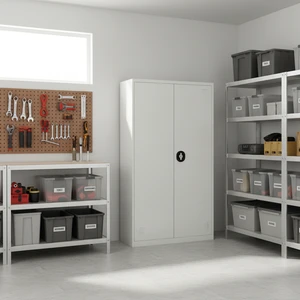 Modern White Lockable 2-Door Steel Garage Cabinet with 4 Adjustable Shelves for Garage Kitchen Home Storage