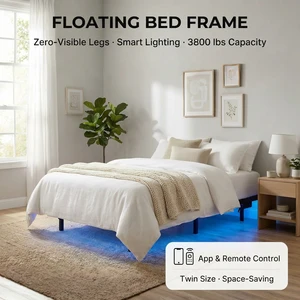 Modern Bedroom Furniture With Charging Station RGB LED Lights No Box Spring Needed Floating Metal Bed Frame