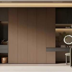Dark Minimalist Built-in Wardrobe Custom Closet With Drawers Integrated Storage Bench Seating Storage