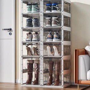 Plastic Shoe Storage Boxes Magnetic Door Foldable Stackable Transparent Clear Acrylic PP Organizer Display Case Cabinet Shoe Box