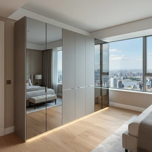 Modern Melamine Bedroom Wardrobe Full-Length Mirror Hinged Doors Durable Space-Saving Large Capacity Hotel Home Storage Cabinet