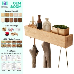 BH Modern Floating Shelves Bamboo Wood Wall Mounted Coat Rack Key Holder with Shelf Hooks and 5 Hidden Hooks