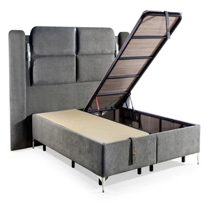 Modern Upholstered Fabric Storage Bed with Tufted Headboard and Box Spring Frame