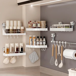 Modern Design Wall-Mounted Multi-Functional Kitchen Storage Rack Seamless Plastic Wall-Holes Drilled for Pot Hooks Spice Rack