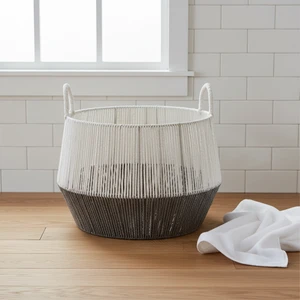 Practical Hanging Paper Rope Woven Storage Baskets Two-Tone Handles Eco-Friendly Food-Safe Daily Organizer Lightweight Durable