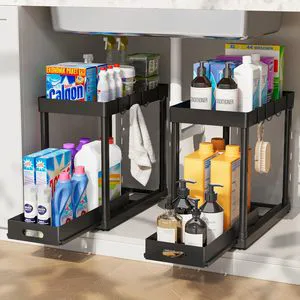 CF Plastic Multi-functional 2 Tier Pull-Out Bathroom Kitchen Under Sink Cabinet Storage Organizers with Hooks