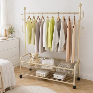 Home Indoor Furniture Double-Rod Metal Coat Rack Display with Bag Use Clothes Storage Organizer Garment Rack