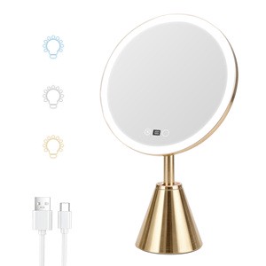 Smart Touch 3 Color Modes Dimmable Brightness Round Metal Base Desktop Cosmetic Mirror Vanity Mirror With Lights