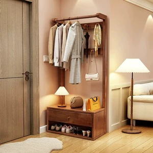 Solid Wood Coat Rack Floor Storage Cabinet Integrated Clothing Hanger Entrance Wardrobe Bedroom Storage Shelf