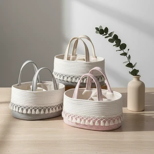 Custom Logo Handmade Eco-Friendly Cotton Rope Woven Storage Basket with Removable Tassel for Baby Diapers and Laundry