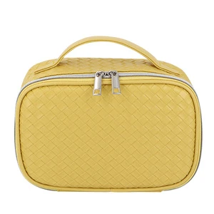BSCI Manufacturer Custom Woven PU Leather Makeup Toiletry Organizer Storage Case Bag with Portable Handle