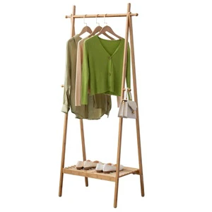Space Save A-Frame Design Garment Storage Stand Bamboo Clothing Coat Clothes Rack With Hooks, Coat Hanger Stand With Shoe Rack