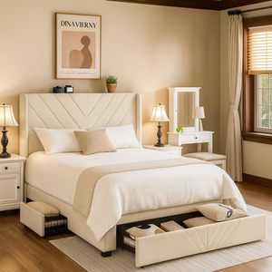 Dark Grey King Bed Frame USB Type-C Charging Ports Modern Style Metal Upholstered Platform Padded Headboard Storage Drawers