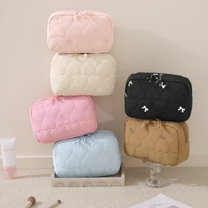 Customized Logo Lightweight Quilted Nylon Travel Zipper Cosmetic Toiletry Organizer Makeup Bag